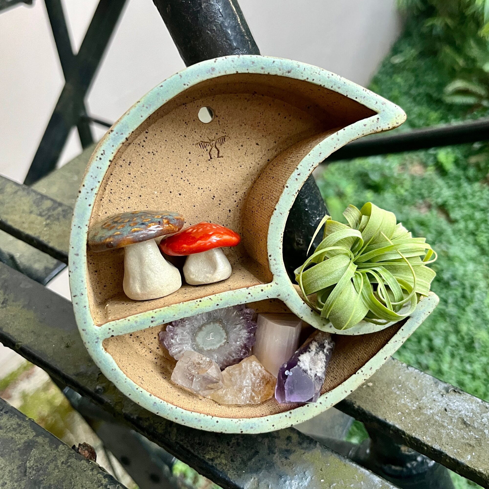 Decorative crescent-shaped container with small stones, crystals, and a green plant, placed outdoors on a metal surface.