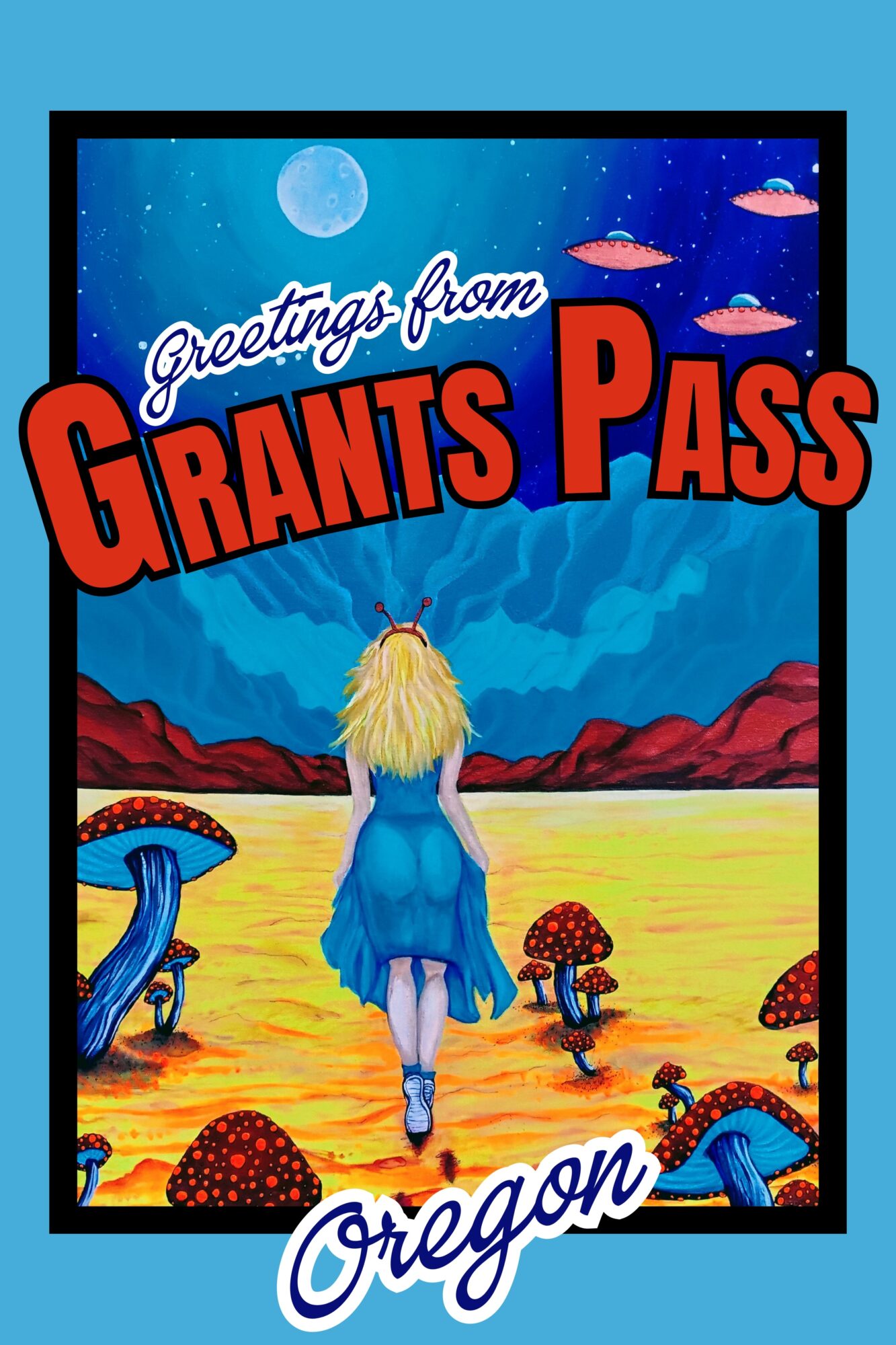 Person with long blonde hair walking in a colorful landscape with mushrooms and mountains, under a night sky with a full moon.