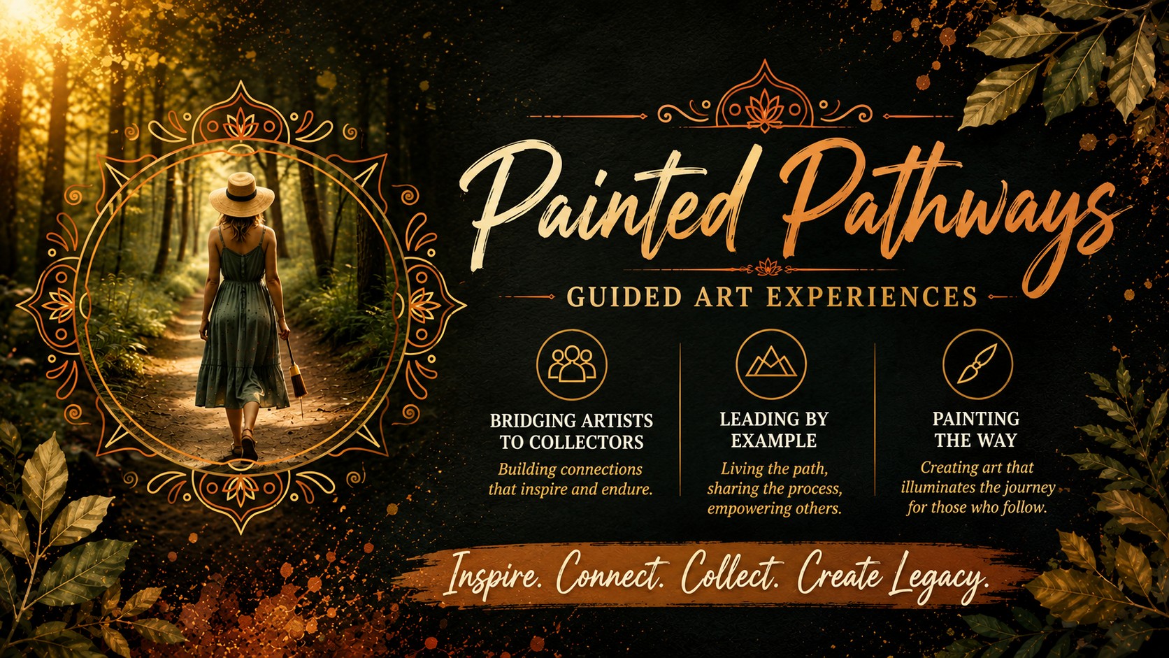 Poster for Painted Pathways guided art experiences with a woman walking on a forest path, surrounded by decorative elements, and text about art events.