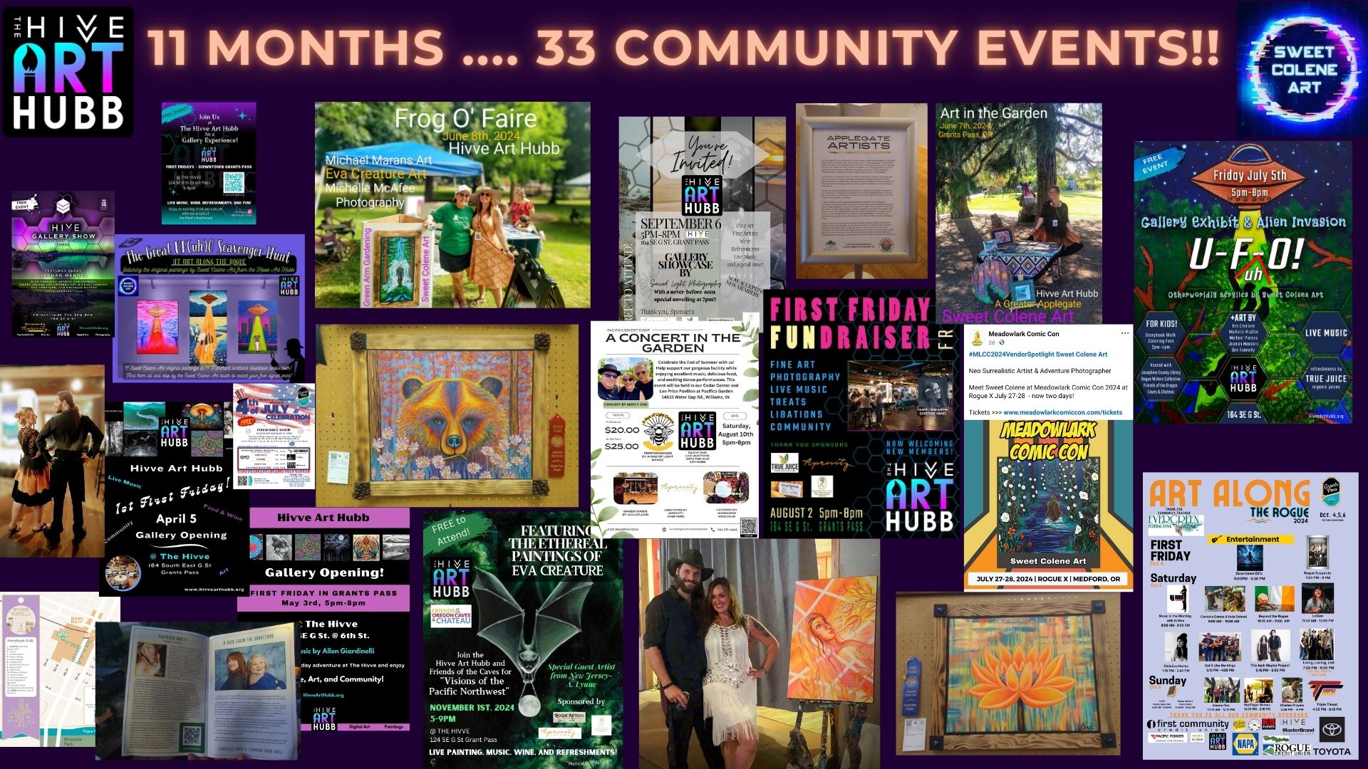 Collage of community event posters and flyers with colorful designs and text, promoting art, activities, and events.