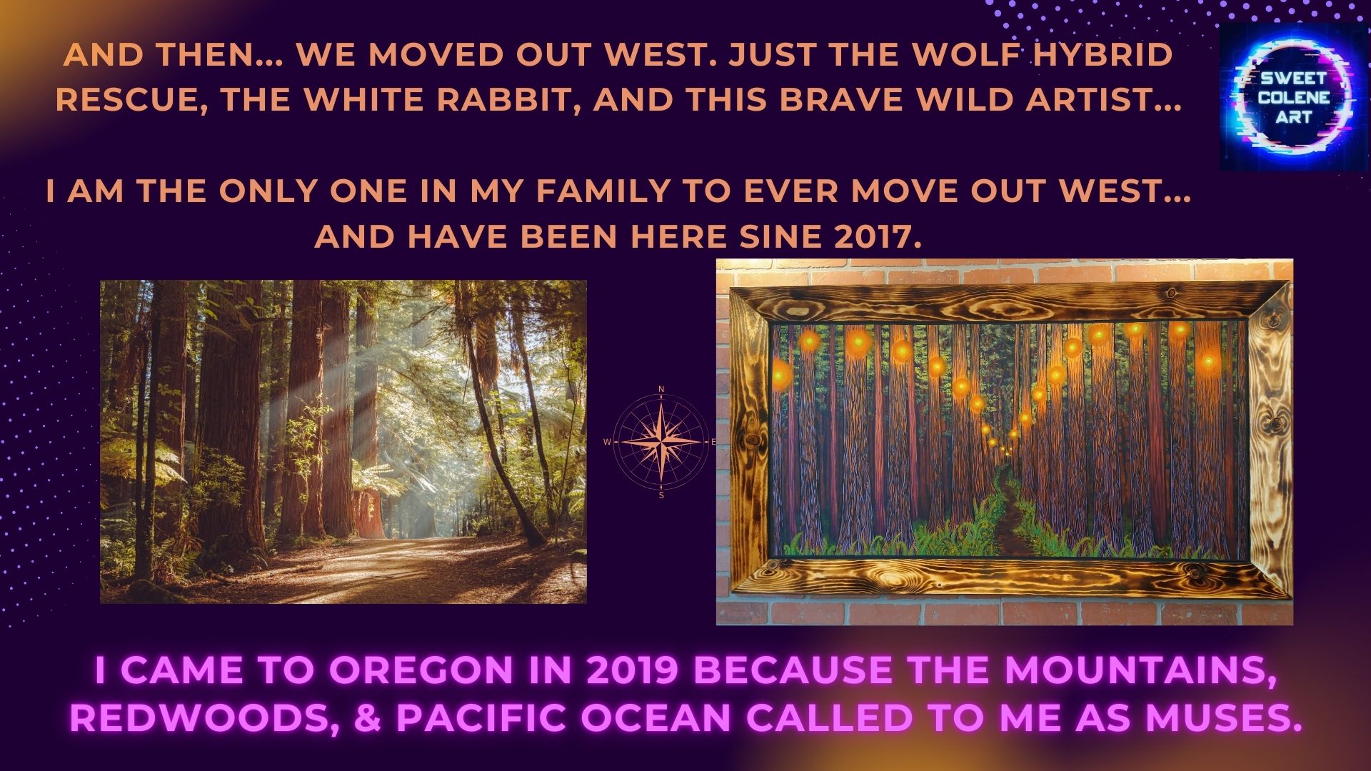 Text and two landscape images with trees and forest scenes, purple and blue background, and a logo in the top right corner.