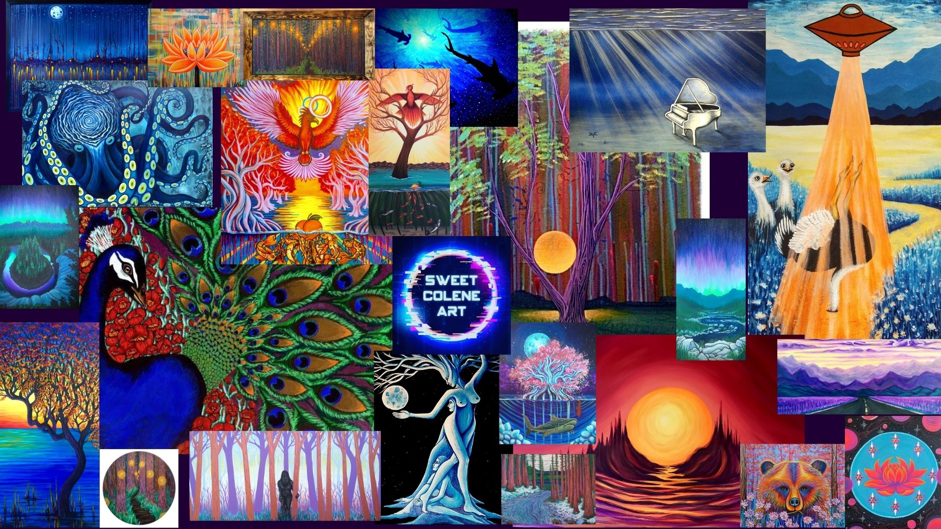 Collage of colorful abstract and nature-themed artworks, including a peacock, sunset, and various vibrant patterns.