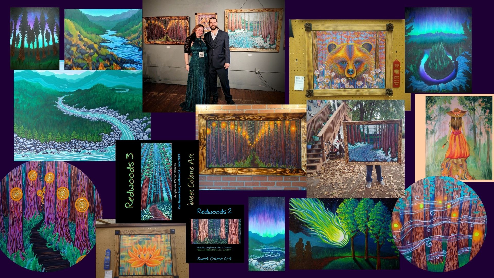 Collection of various colorful paintings and artworks, including landscapes, abstract designs, and portraits, displayed together.