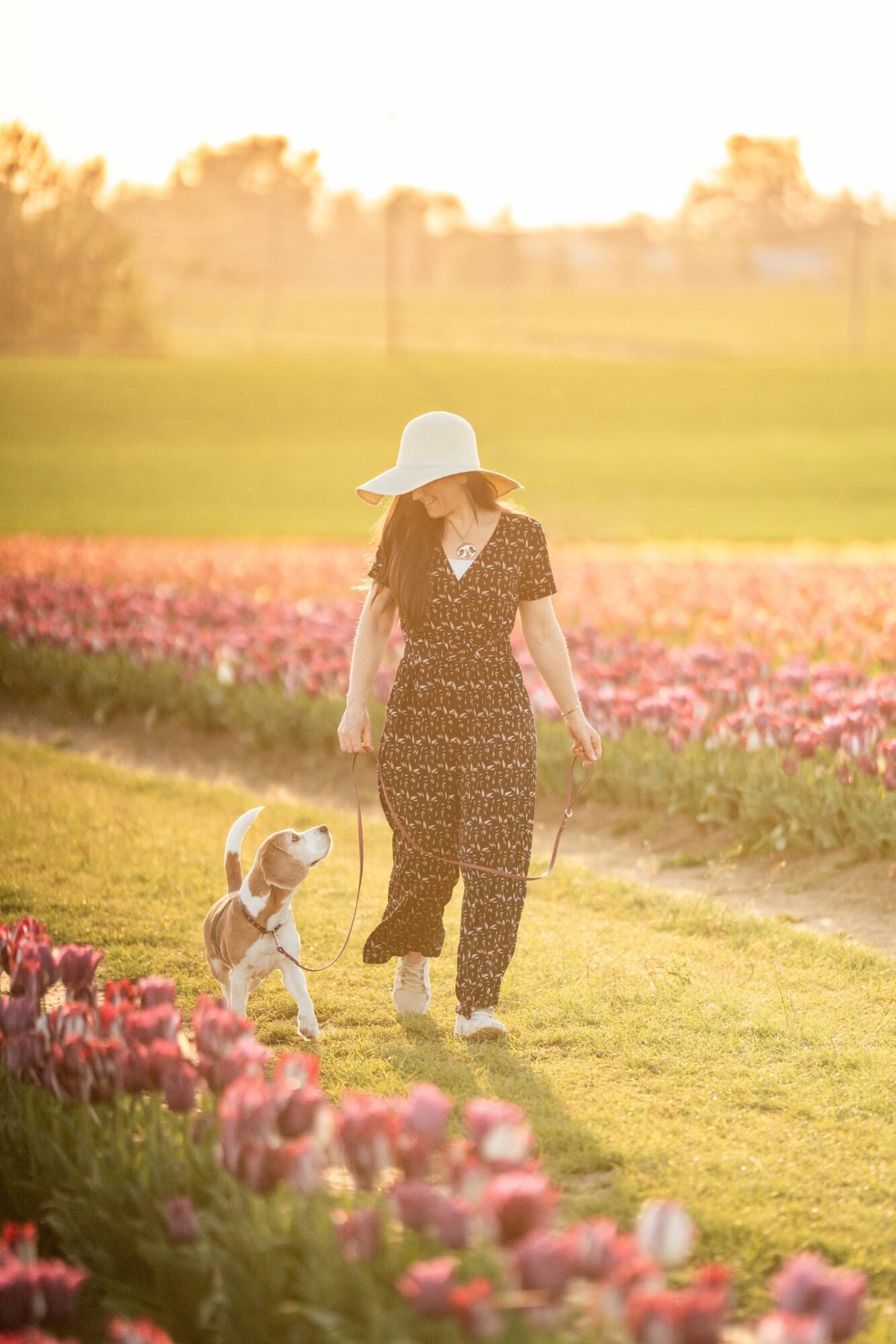 Woman walking a dog in a flower field during sunset, wearing a hat and patterned jumpsuit.