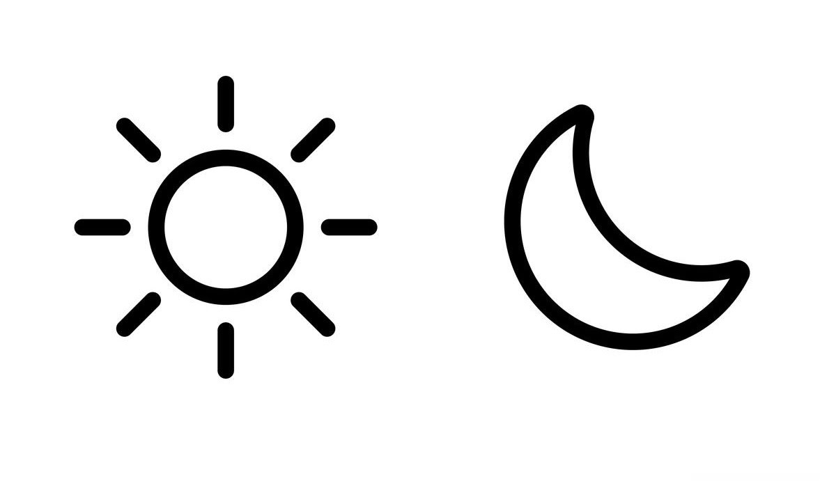 Sun icon on the left, moon icon on the right, both in black outline, on a white background.