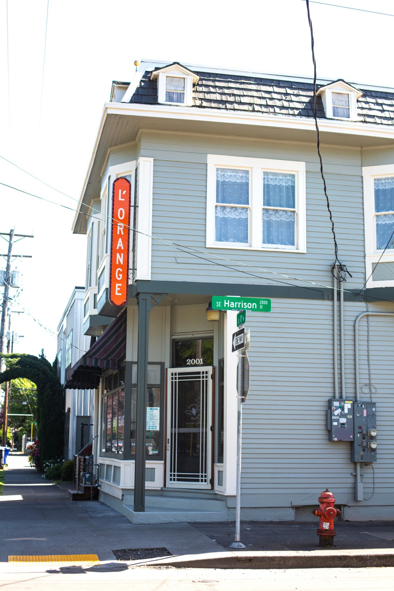 Corner building with a red vertical sign reading 'LOUNGE' and a green street sign for Harrison Street, with a fire hydrant nearby.