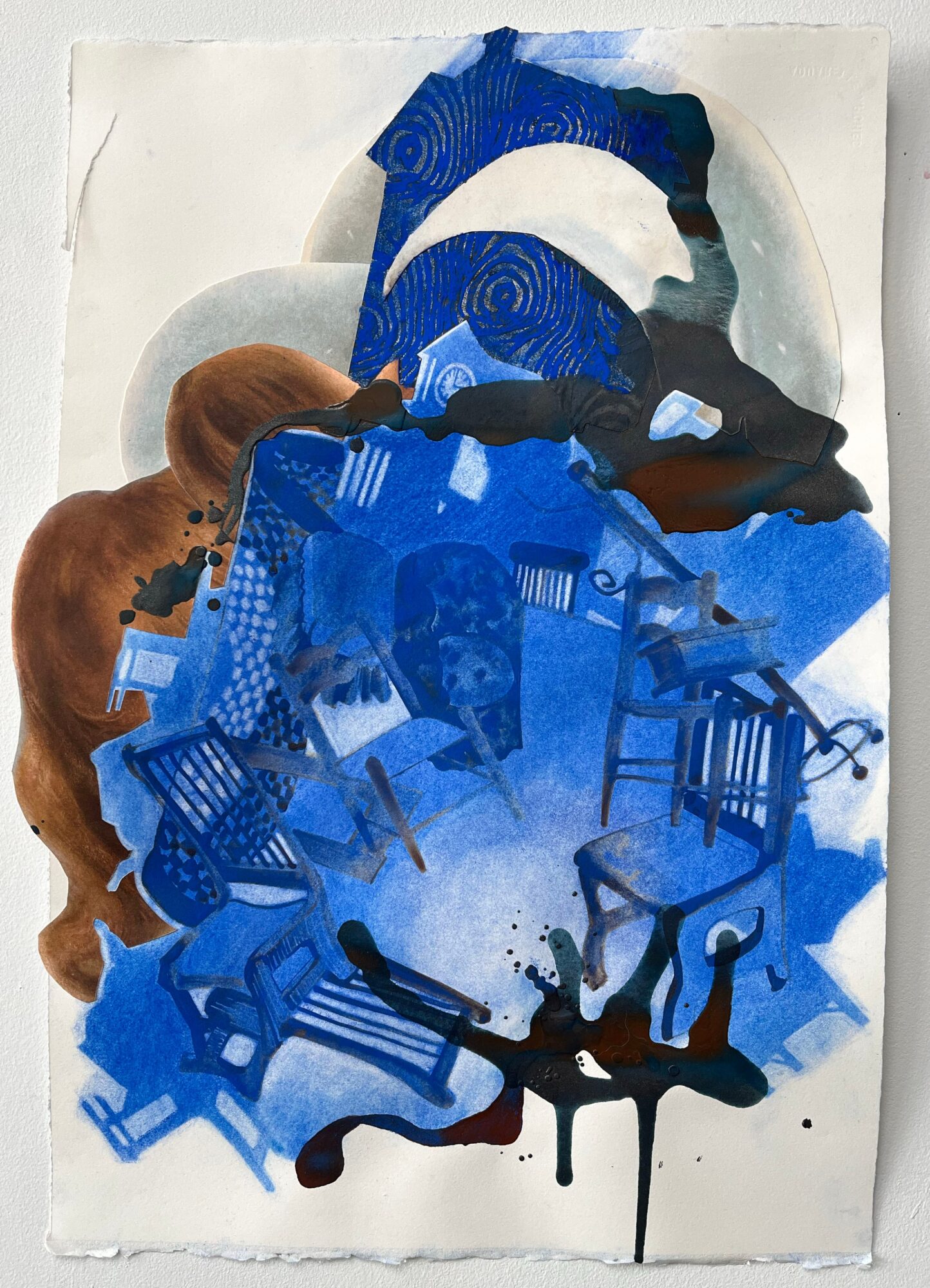 Abstract collage with blue, black, brown, and white shapes, chairs, and a face silhouette, arranged in a layered composition.