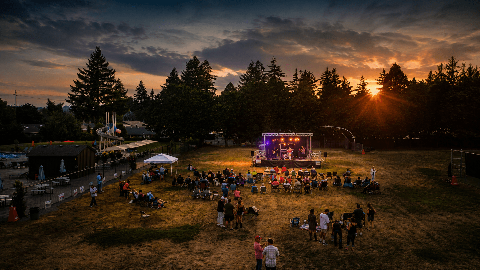 Outdoor concert at sunset with audience watching a stage, surrounded by trees and a partly cloudy sky.