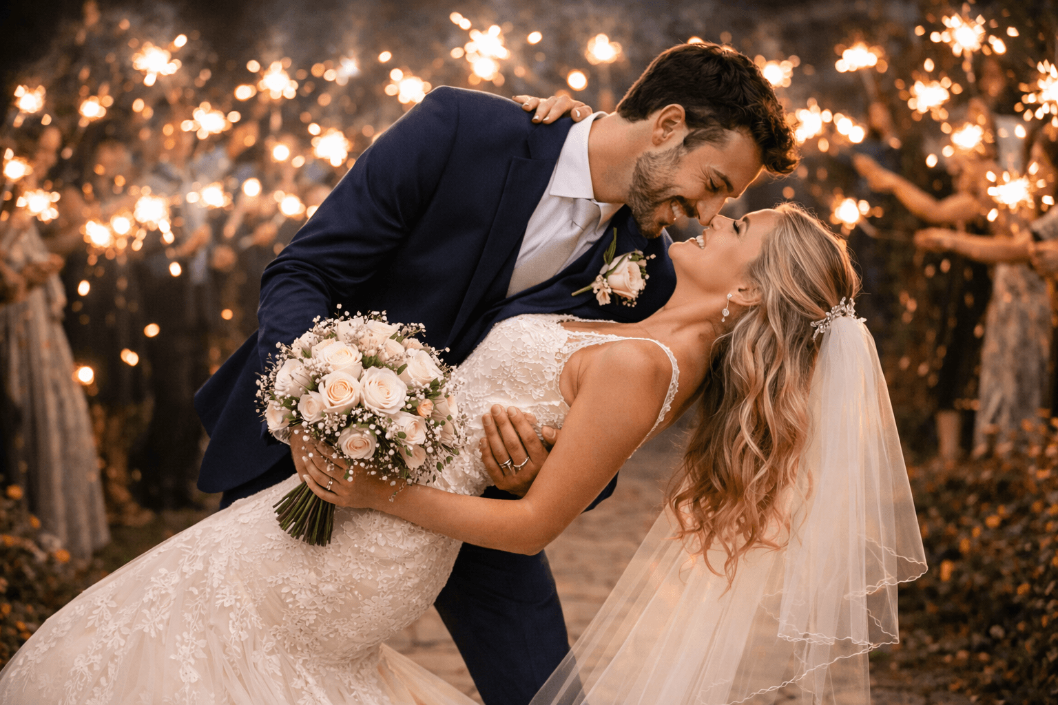 A bride and groom share a kiss outdoors at night, surrounded by lit sparklers held by guests, with trees in the background.