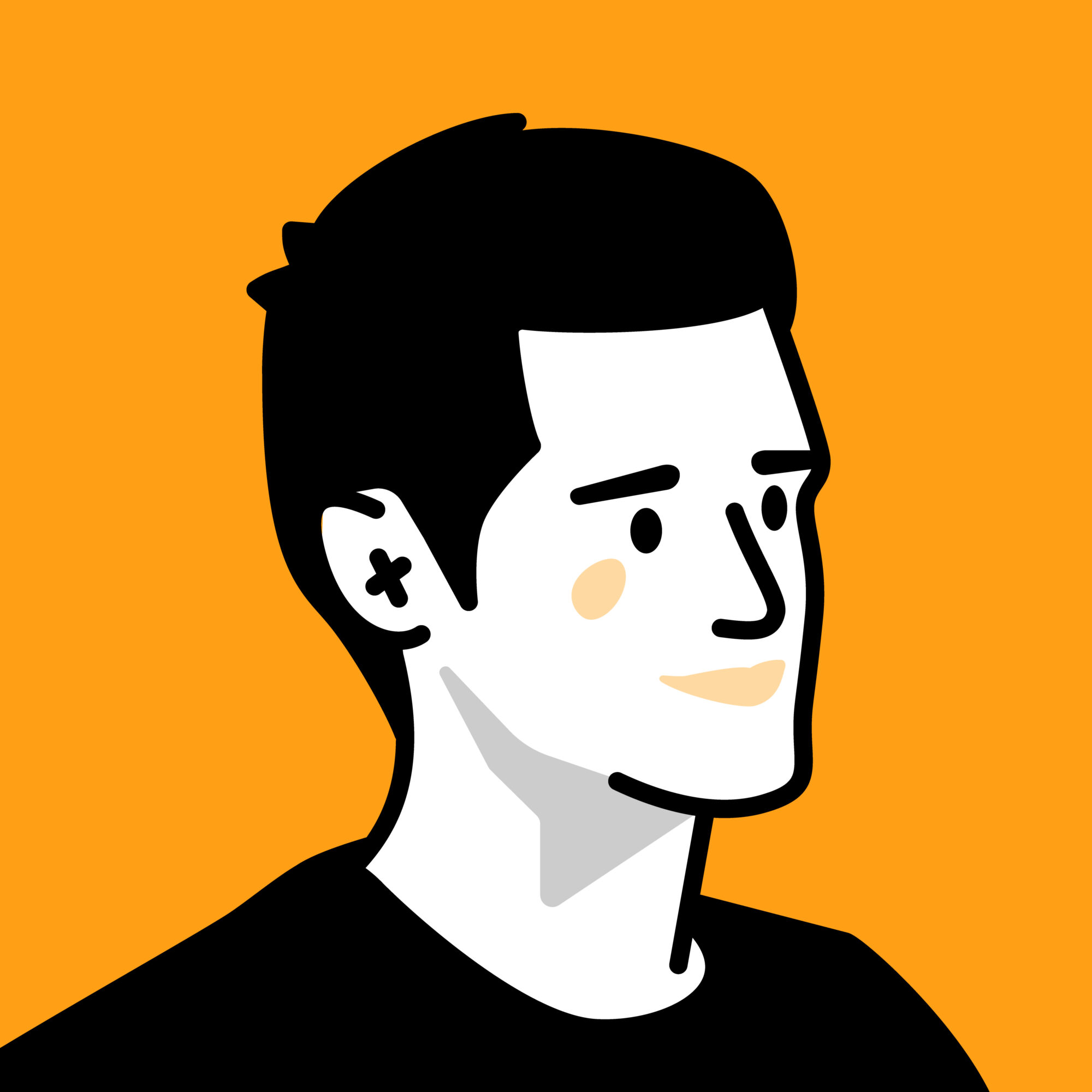 Illustration of a smiling person with short dark hair against an orange background.