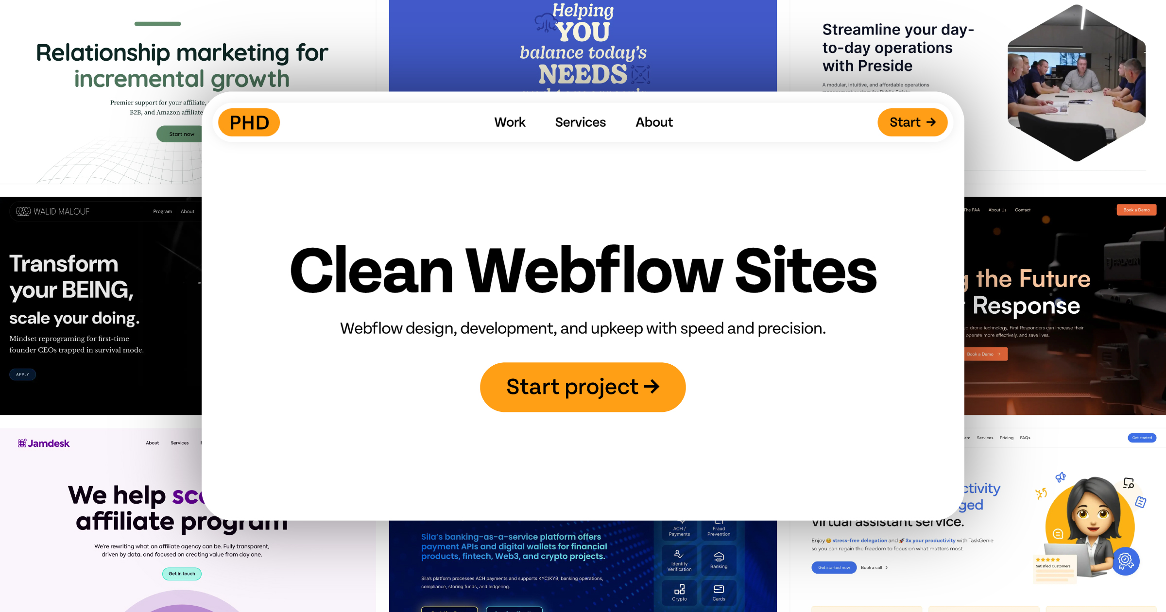 Centered webpage with the text 'Clean Webflow Sites' and a yellow 'Start project' button.