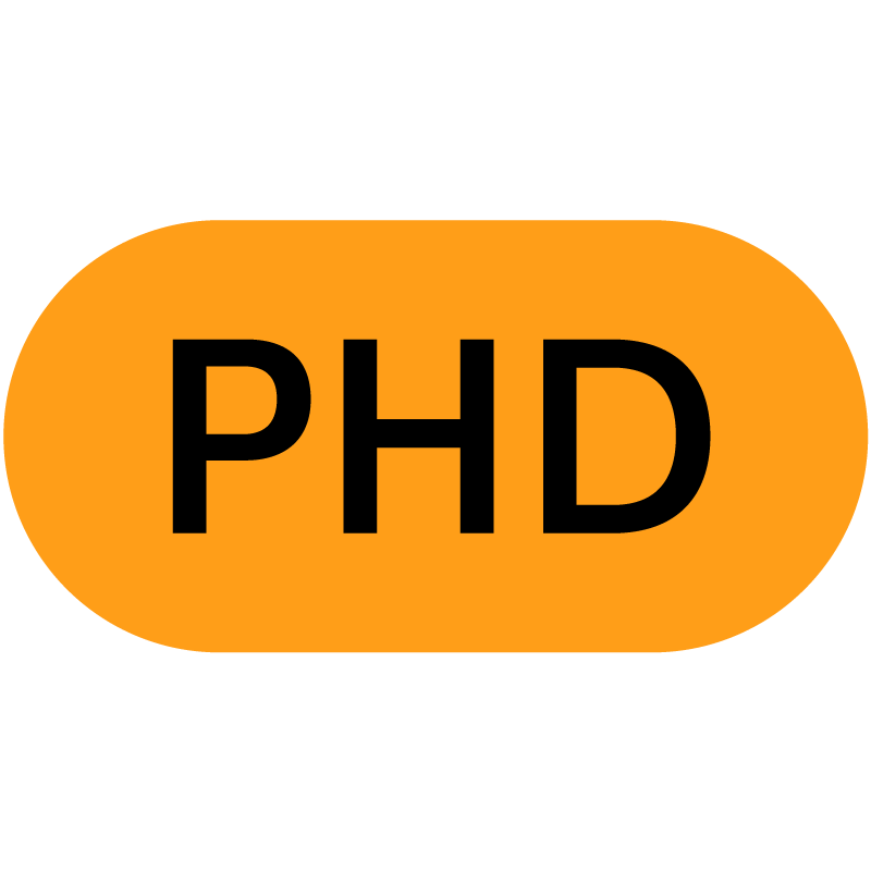 Black background with an orange oval containing the letters PHD in black.