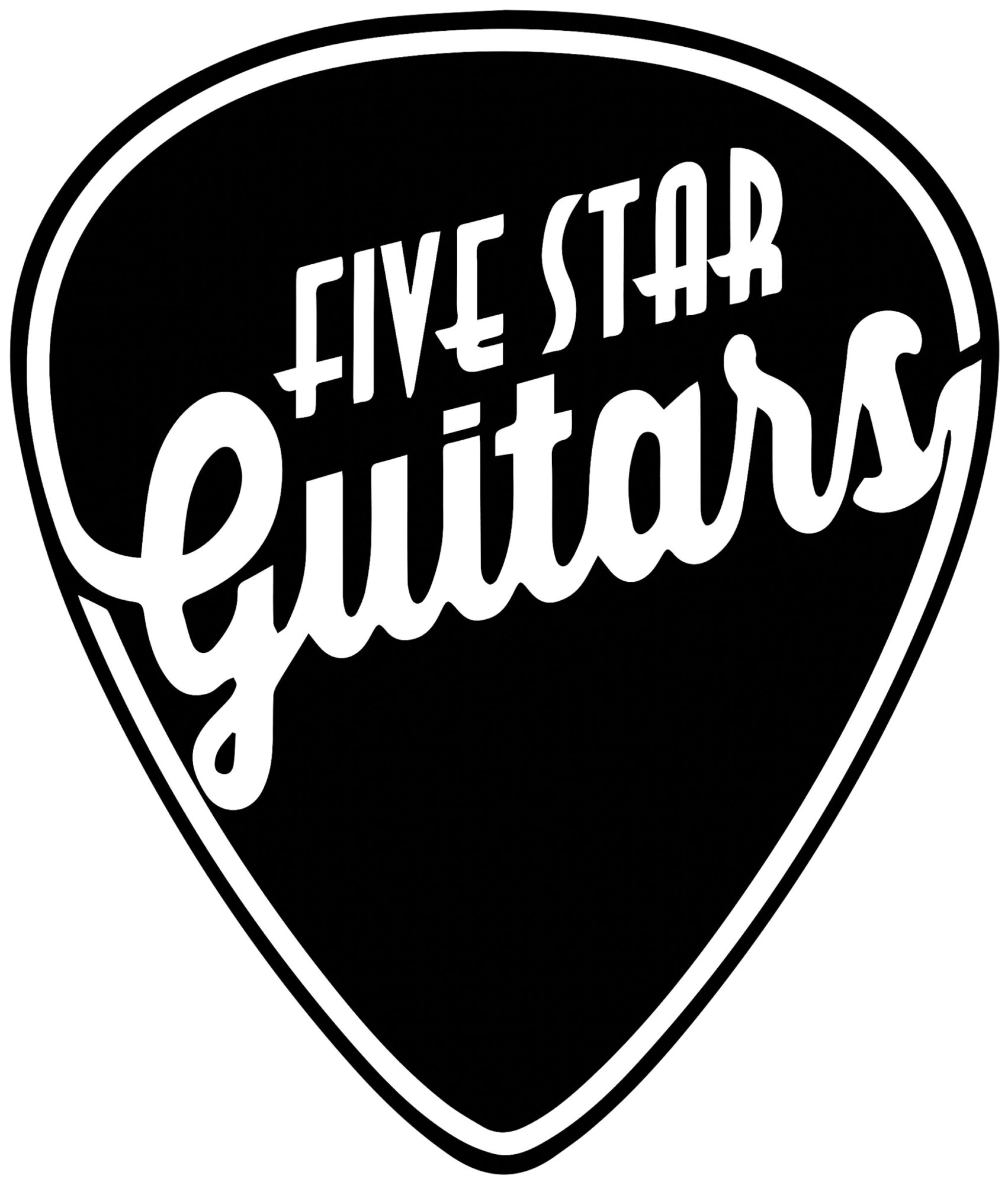 Black guitar pick with white text reading 'FIVE STAR Guitars' in stylized font.