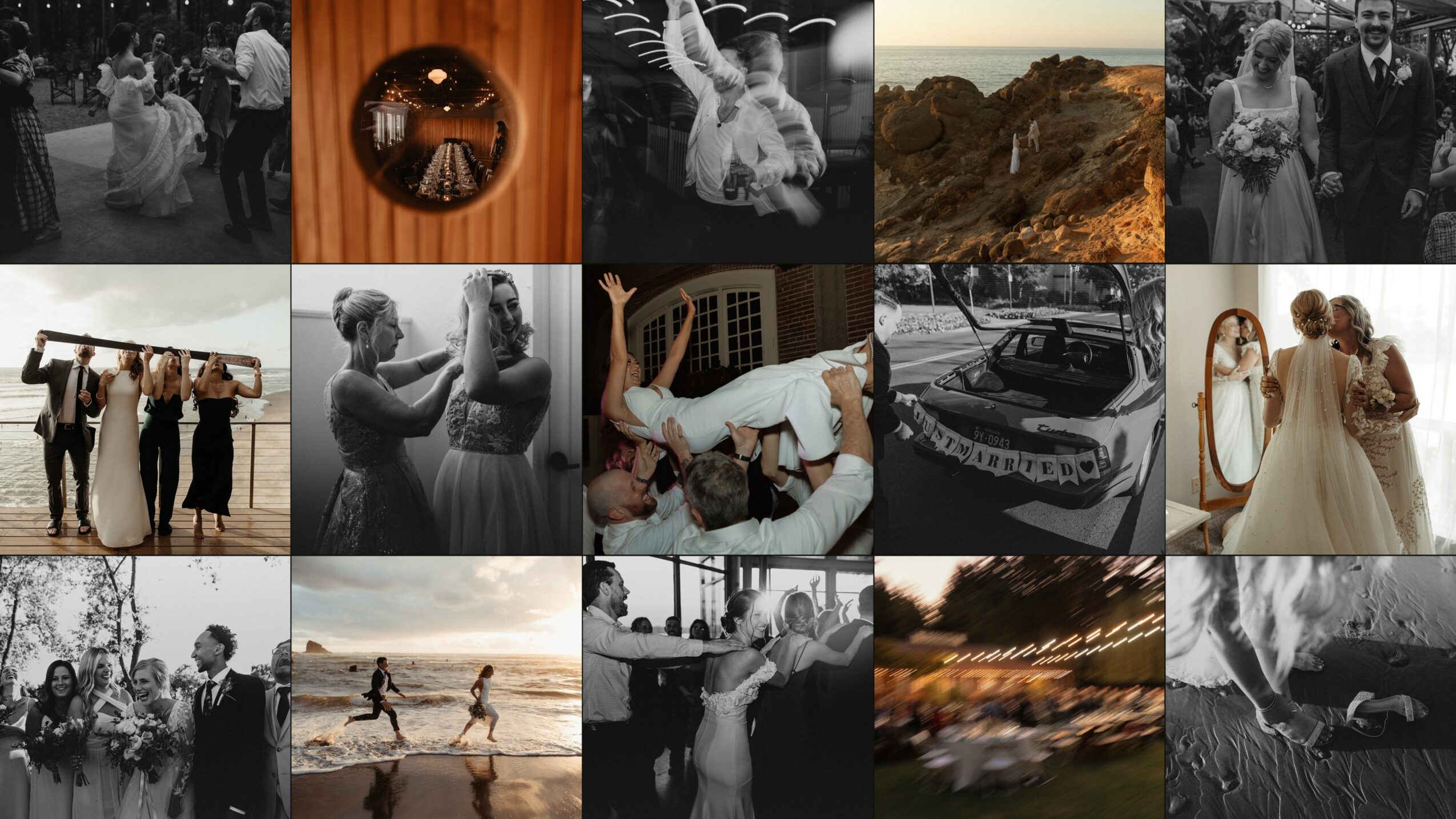 Collage of various black and white and color photos including people, landscapes, and events.