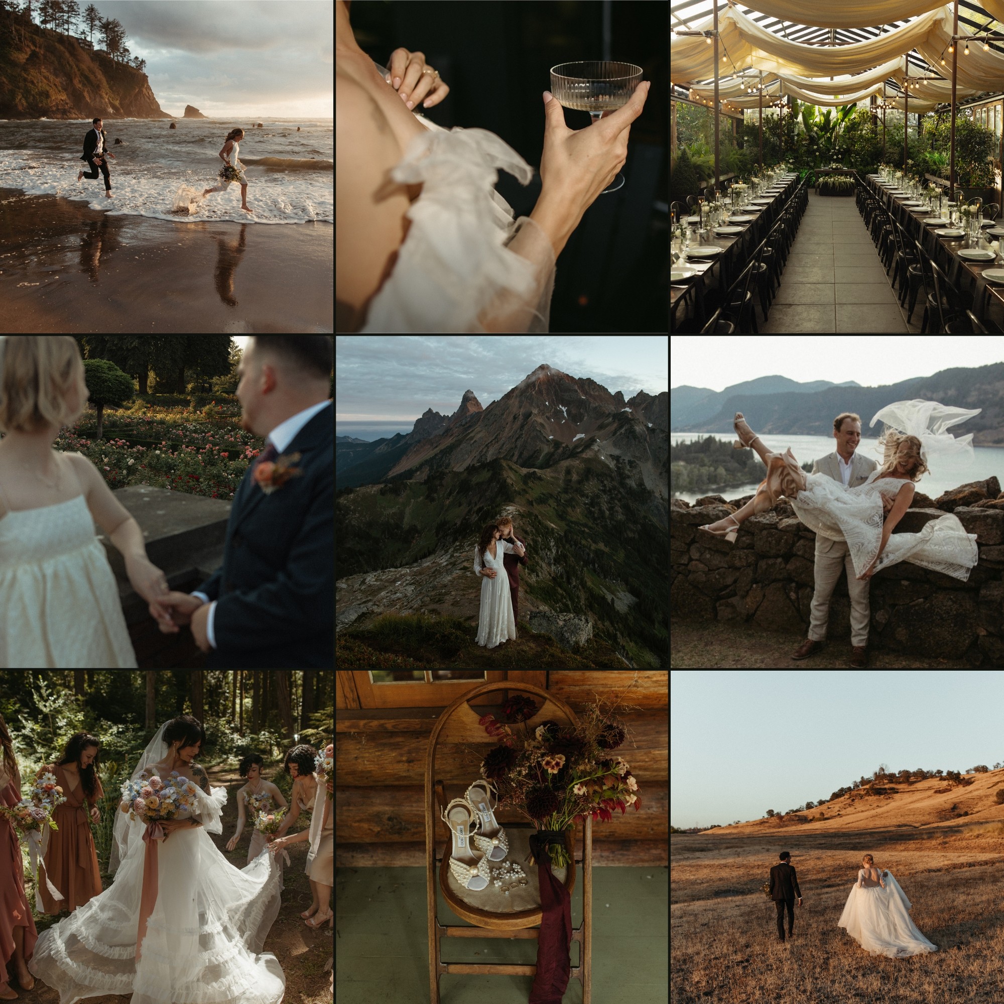 Collage of wedding and outdoor scenes including beach, couple, mountain, and reception images.