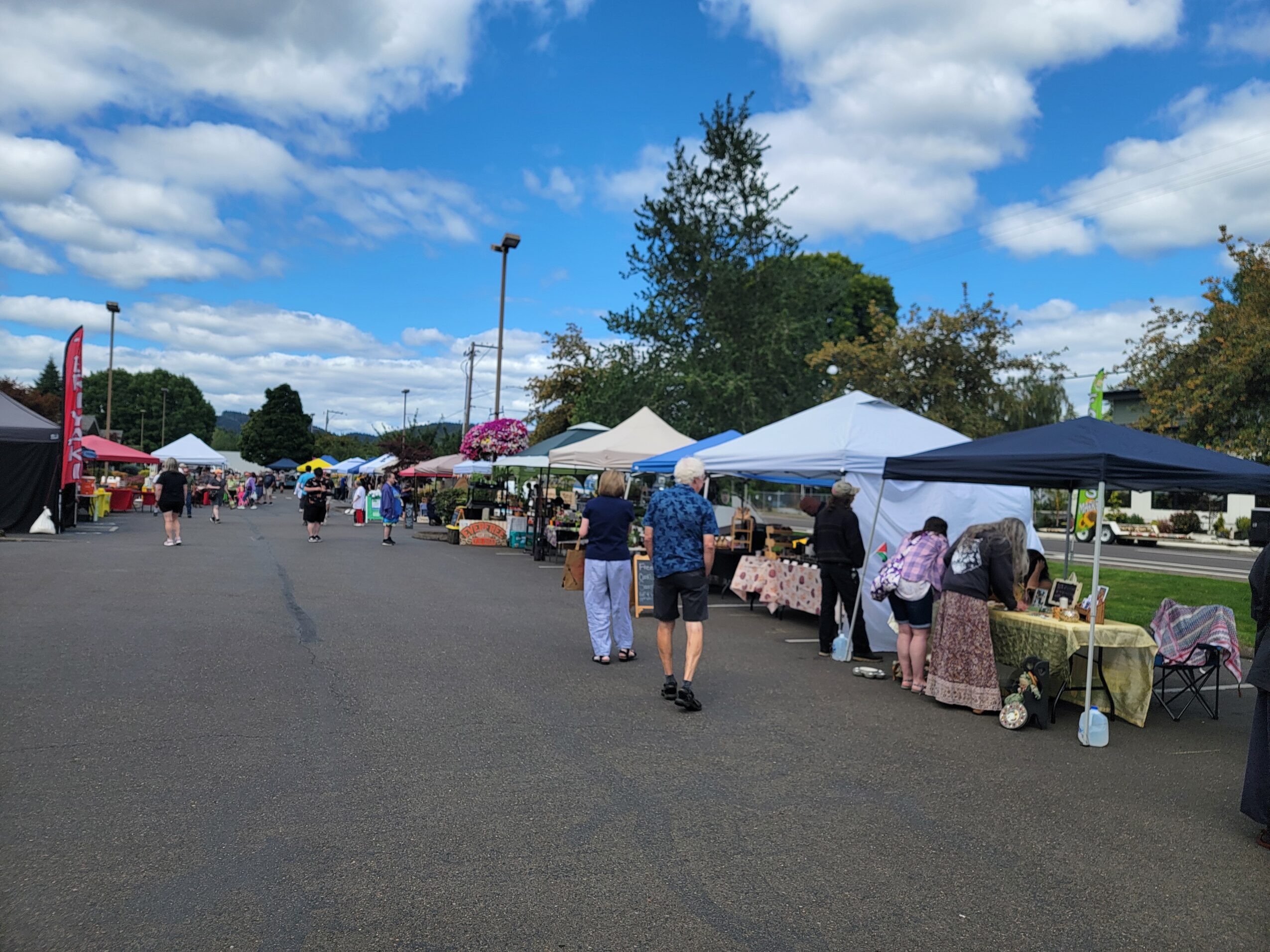 Outdoor market with tents and people browsing stalls on a sunny day with blue sky and clouds.