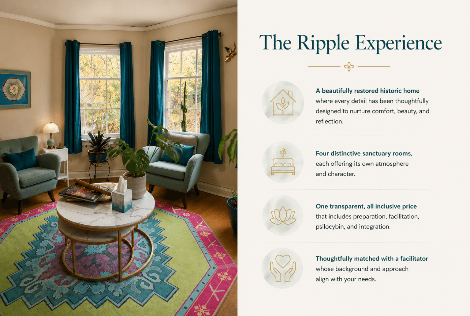 Living room with large windows, blue curtains, sofa, armchair, colorful rug, and plants, with a side panel of text about the Ripple Experience.