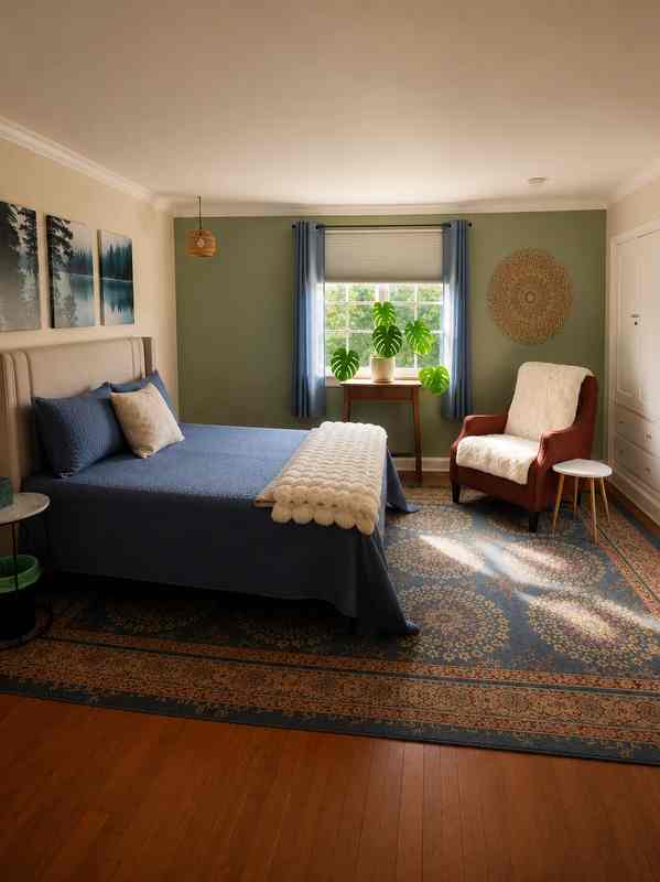 Bedroom with bed, armchair, window with plants, and wall decorations, illuminated by natural light.