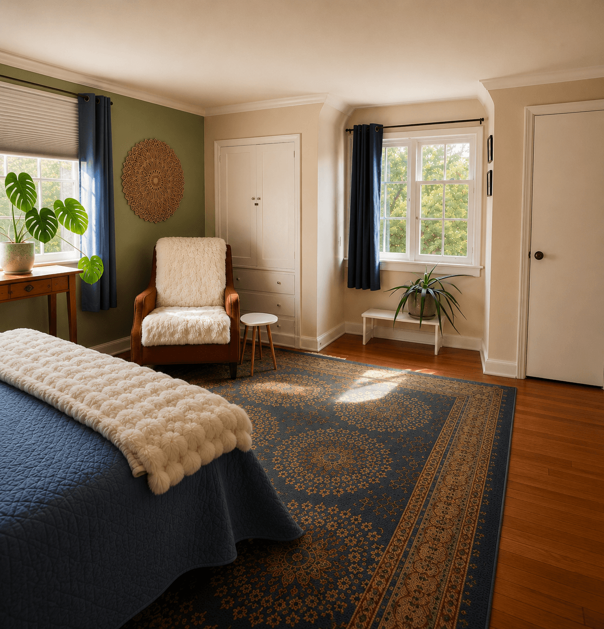 Bedroom with armchair, window with blue curtains, and a patterned rug on wooden floor.