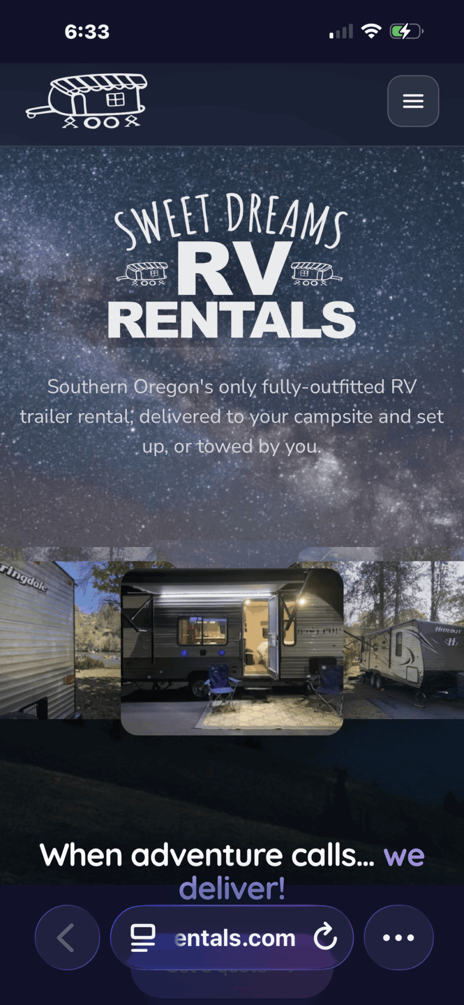 Mobile screen showing RV rentals website with an outdoor RV and trees in the background.