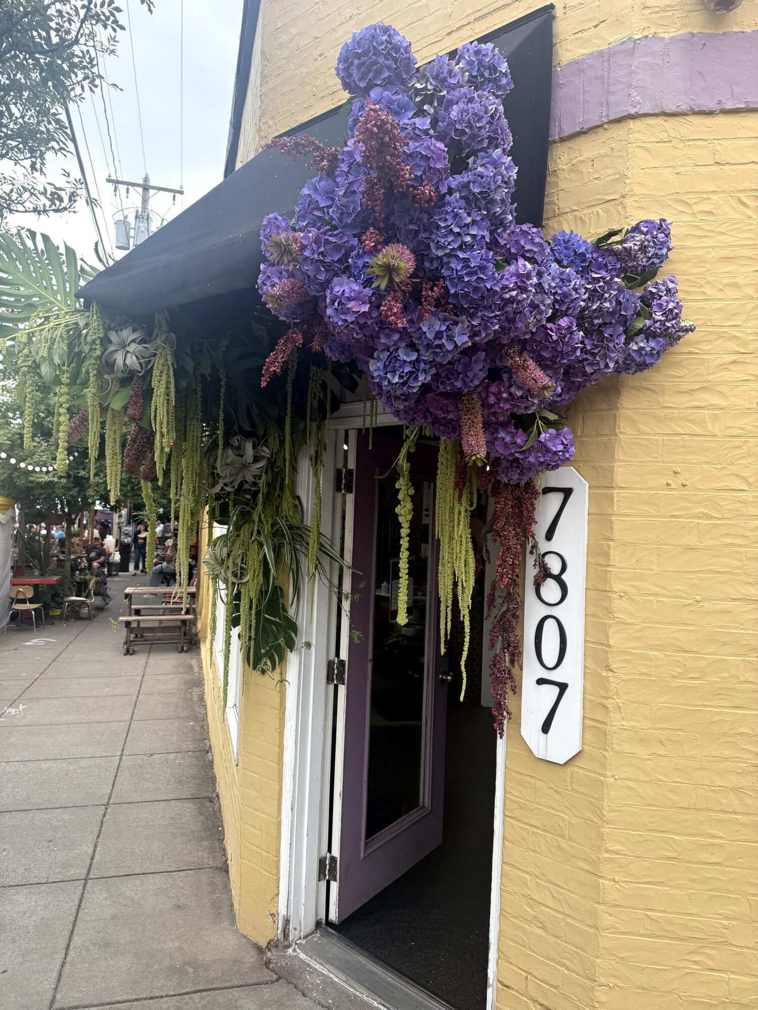 Yellow building with purple flower arrangement above door, street scene with trees and benches, and address number 7807 visible.