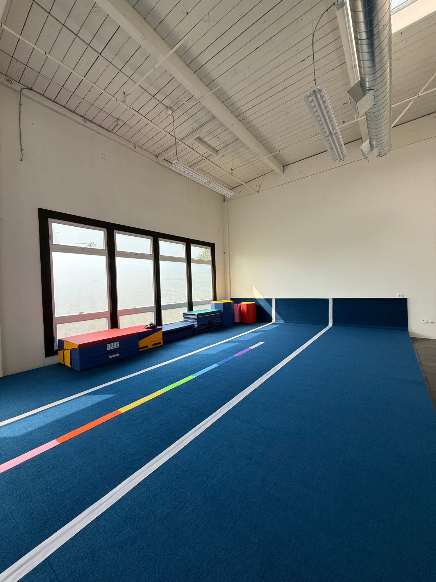 Indoor sports hall with blue floor, white lines, and a large window, viewed from the side.