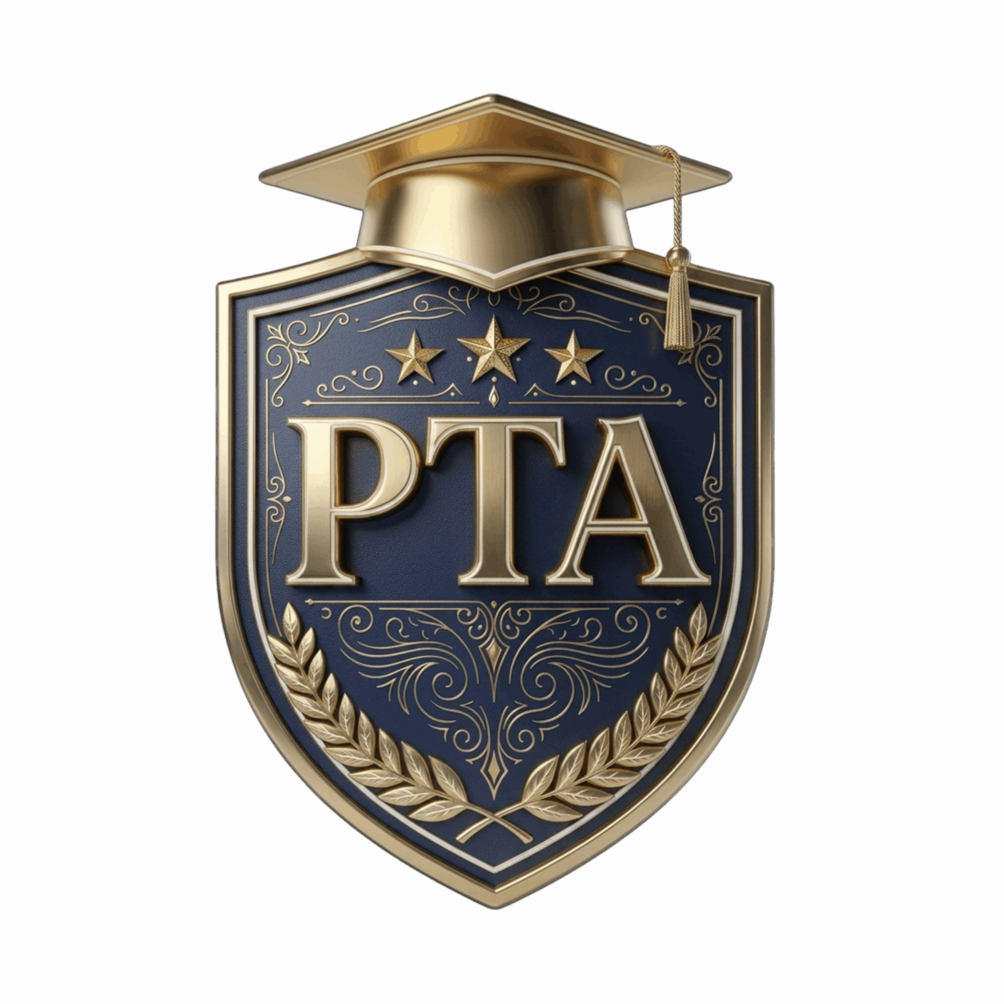 A shield emblem with the letters PTA, a graduation cap, stars, and decorative laurel leaves, on a black background.