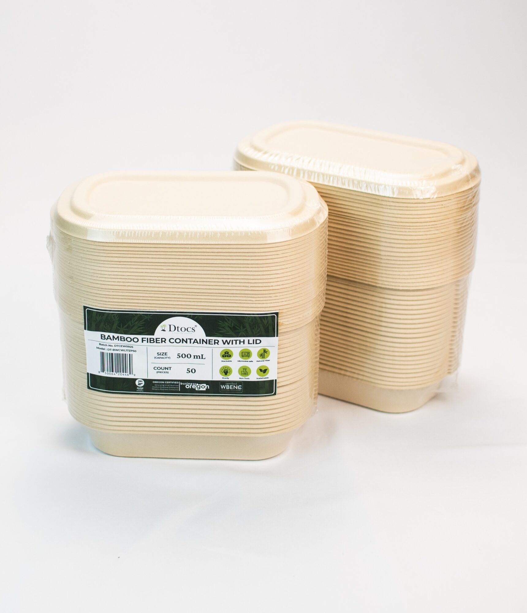 Two beige bamboo fiber containers with lids, one with a label, placed on a white surface. 20 words.