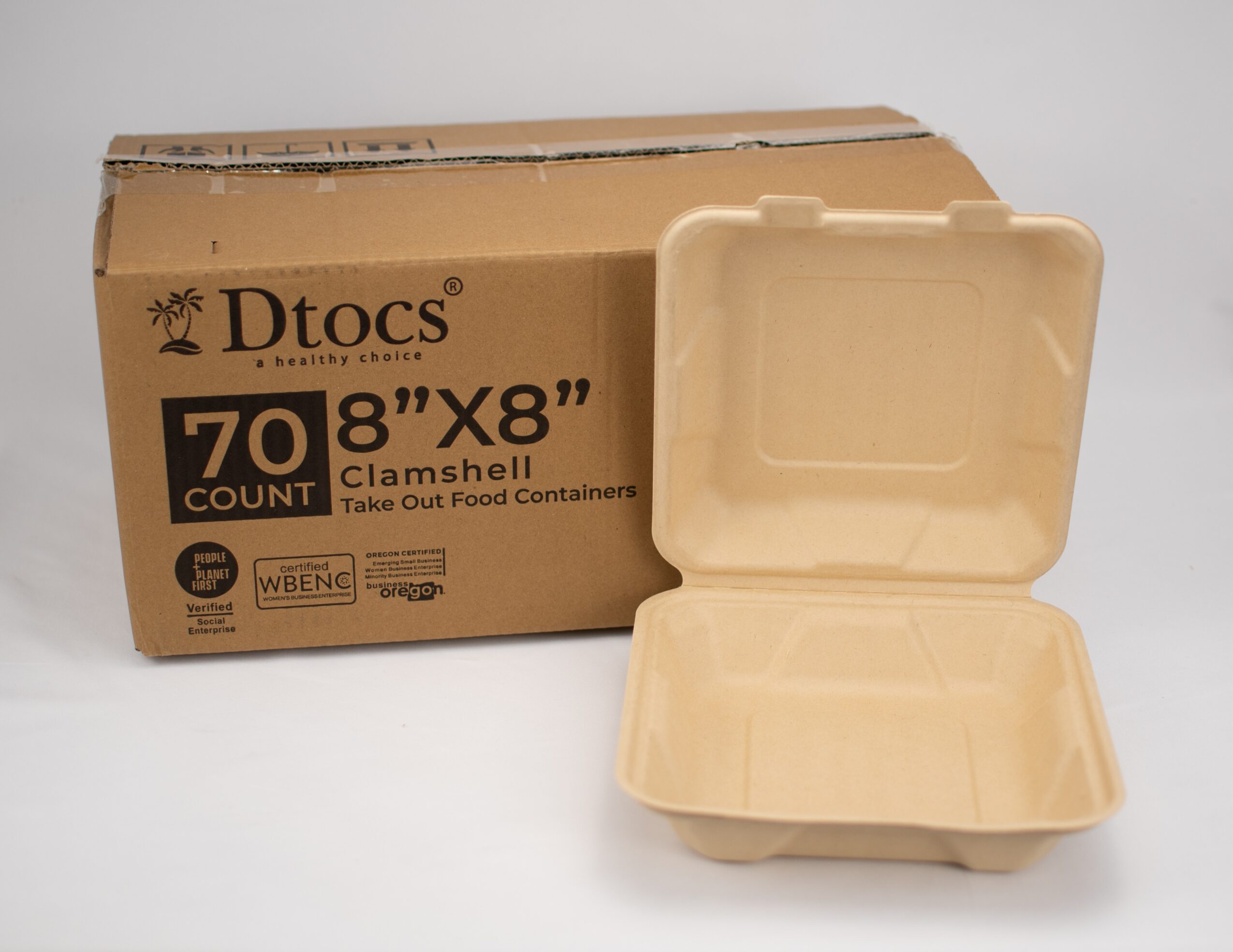 Open clam shell food container in front of a cardboard box labeled Dtoc's 708 count clam shell, take out food containers.