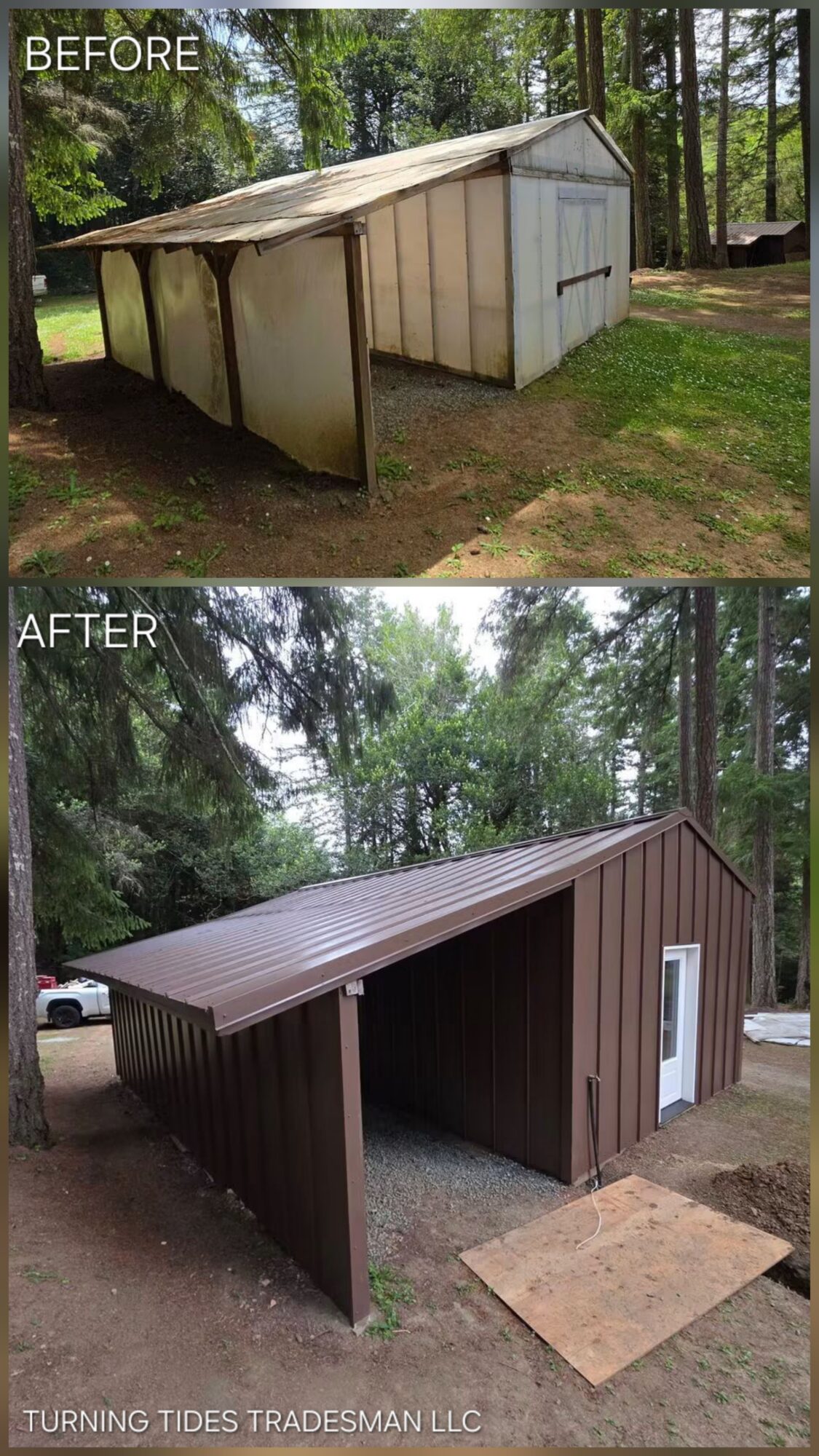 Before and after images of a shed renovation, showing a white shed before and a brown shed after with a new door and ramp.