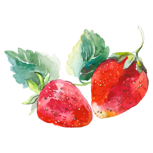 Two strawberries with green leaves on a black background.