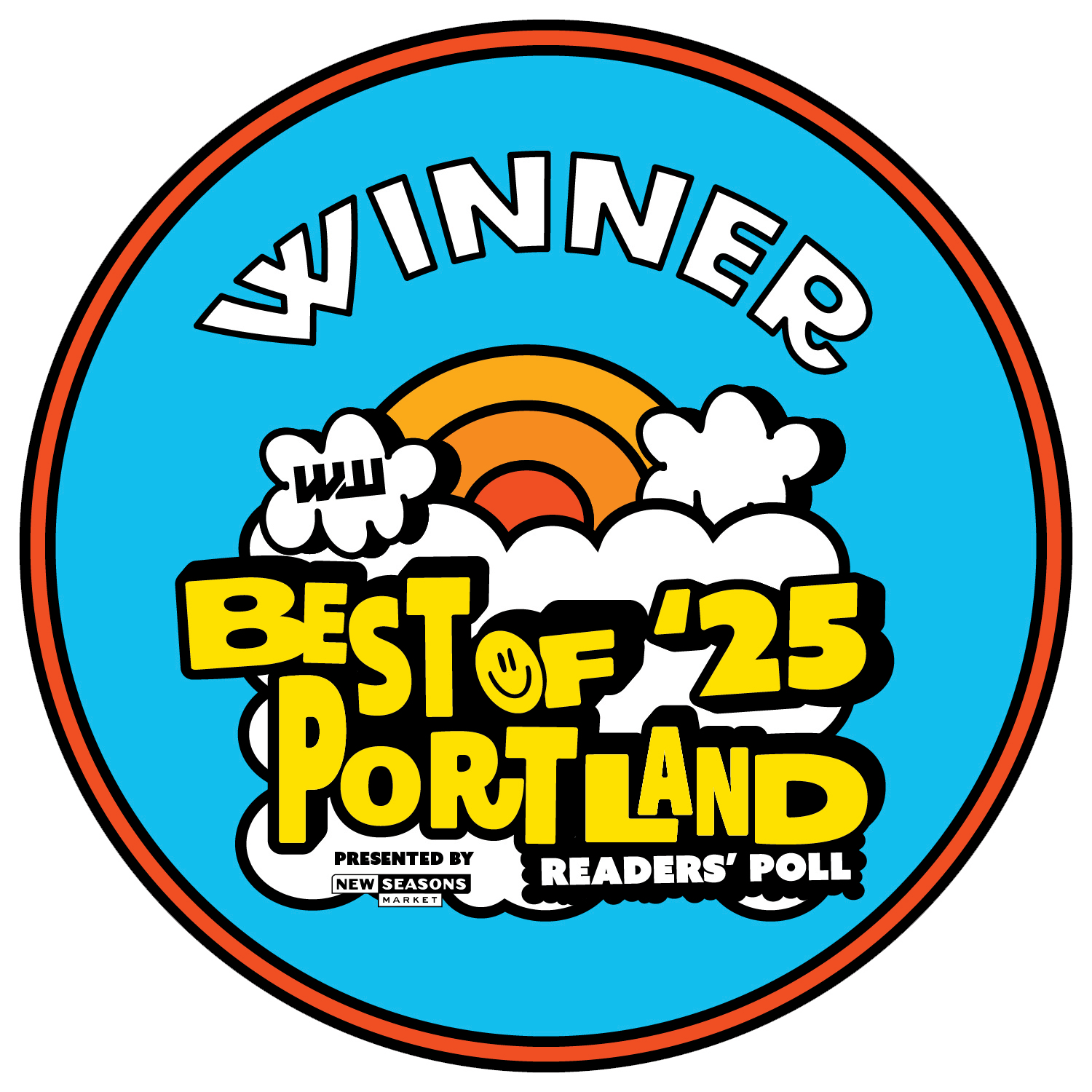 Circular logo with blue background, text, clouds, and a rainbow, celebrating Portland's best of 2025, presented by New Seasons, Readers' Poll.