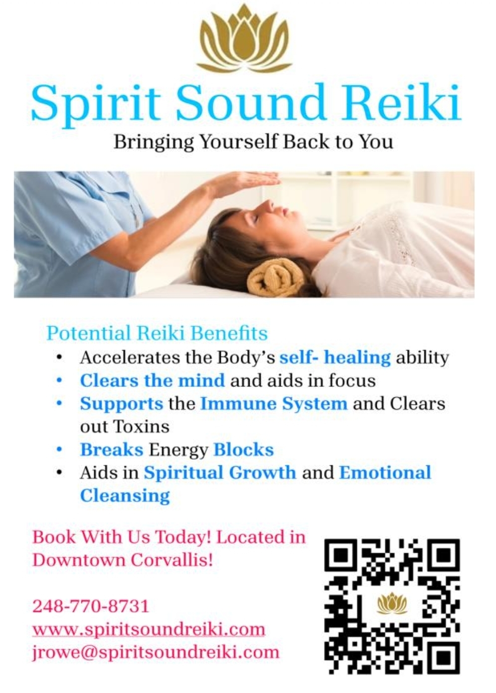 A person receiving Reiki treatment with hands above a person's head, text about Reiki benefits and contact information.