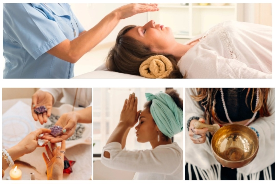 Woman receiving a healing treatment, woman with a towel on her head, person holding a bowl, person with hands raised, person holding a bowl.