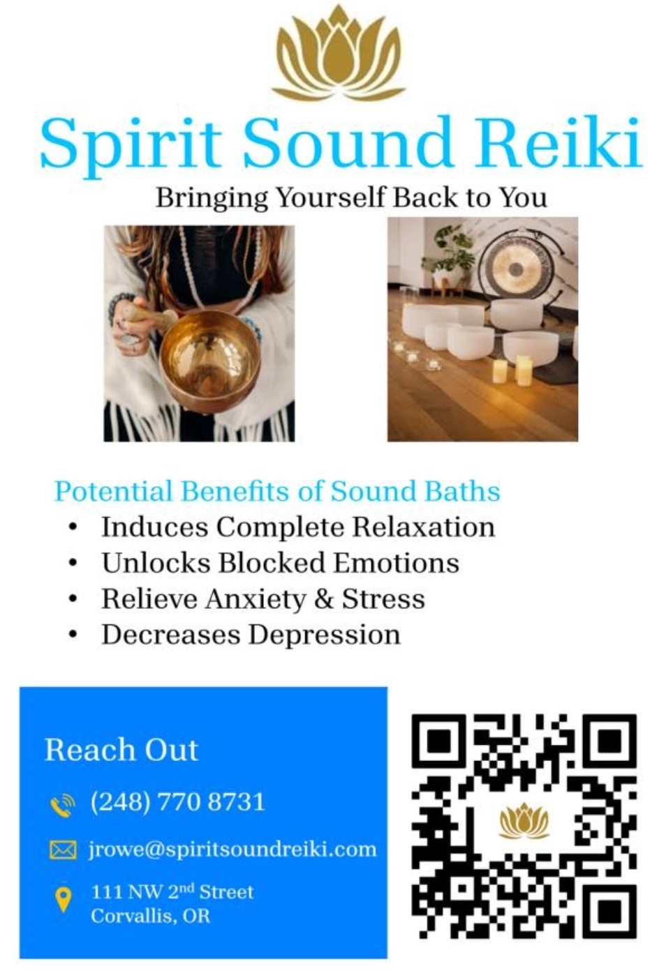 Flyer for Spirit Sound Reiki with images of sound baths, contact info, and a QR code.