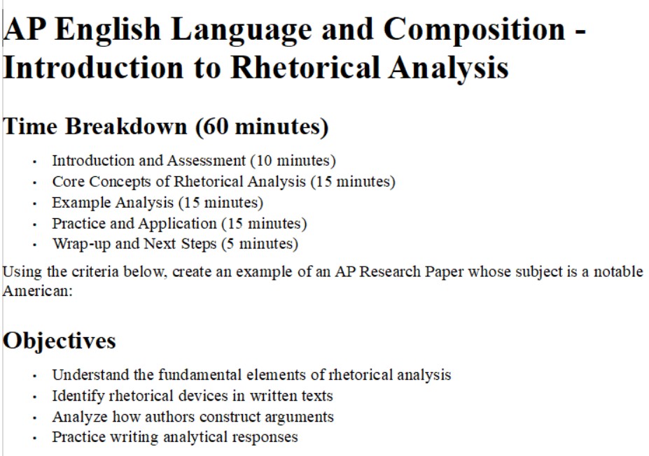 Page with course title, time breakdown, objectives, and bullet points about rhetorical analysis.
