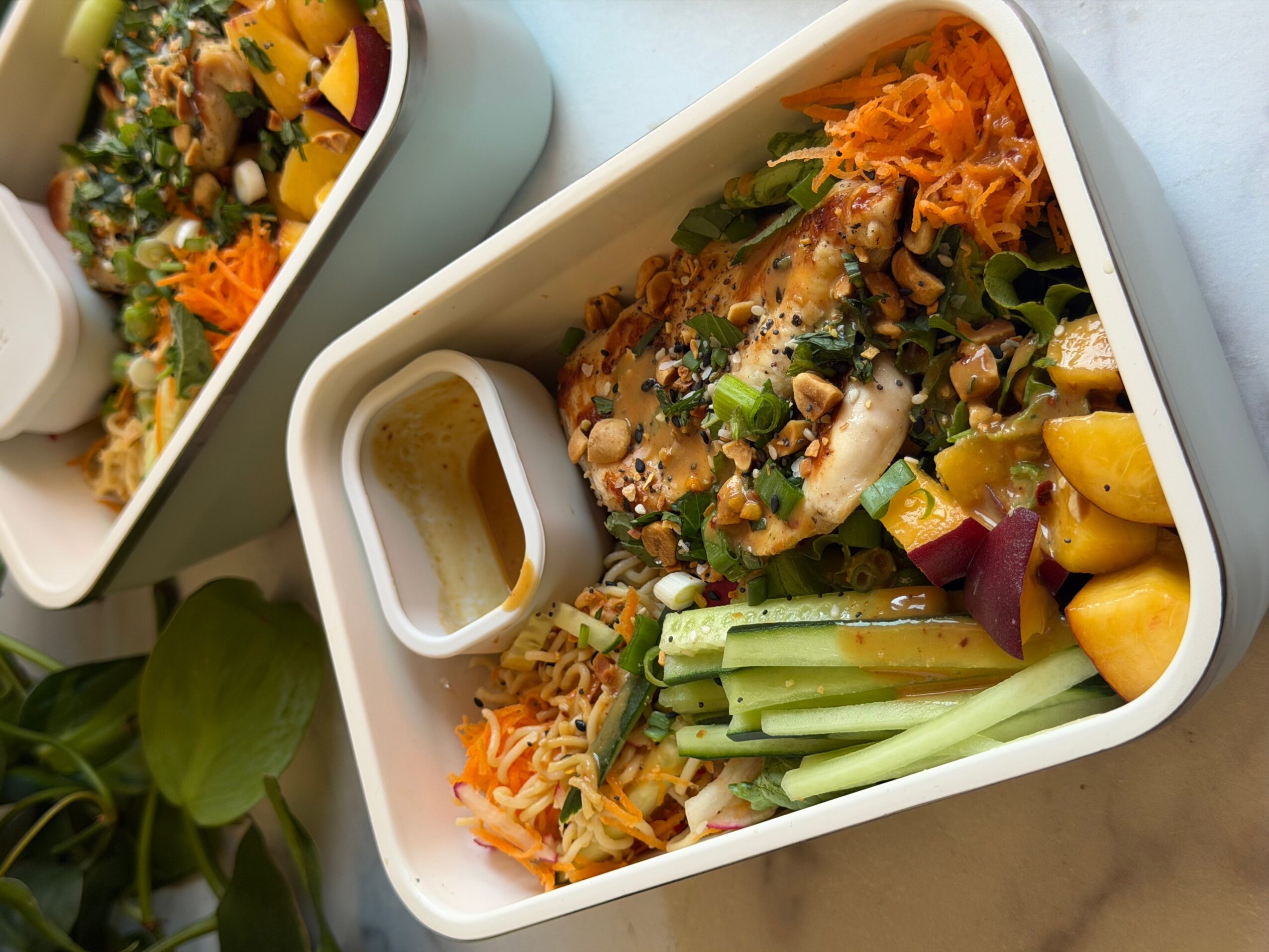 Bento box with grilled chicken, celery sticks, shredded carrots, and yellow cherry tomatoes on a white surface.
