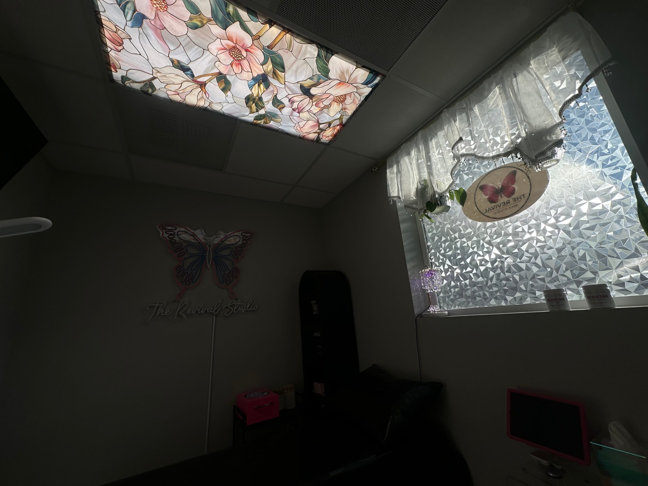 Ceiling with floral stained glass, window with lace curtain, butterfly decoration on wall, and a dark piece of furniture.
