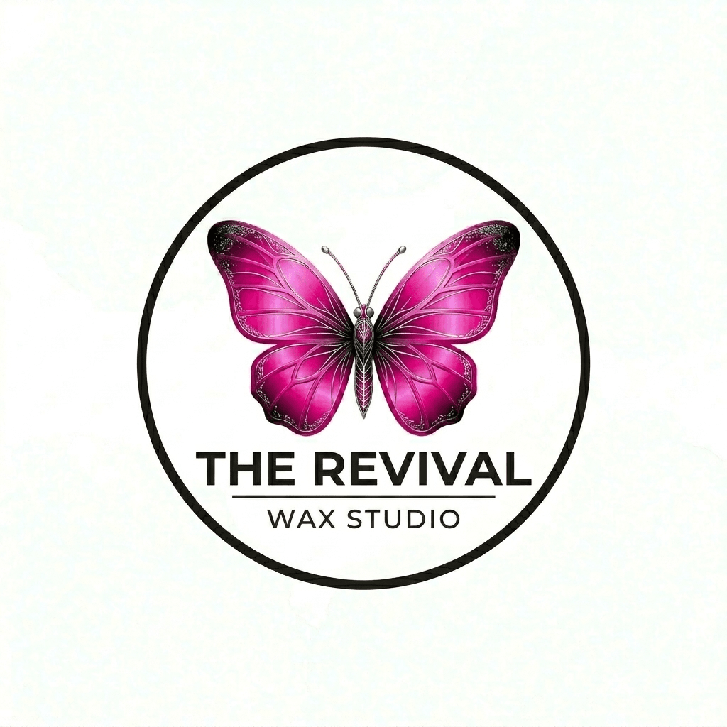 Pink butterfly with black accents inside a circle, with text 'The Revival Wax Studio' below, on a white background.