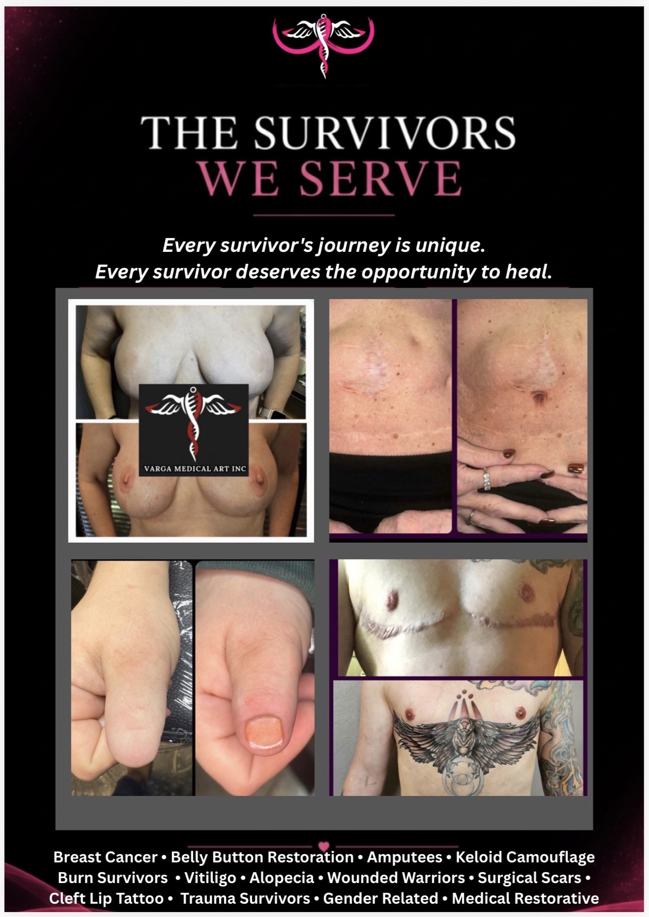 Poster with images of scars and skin, text about survivors and healing, pink and black color scheme, logo at top.
