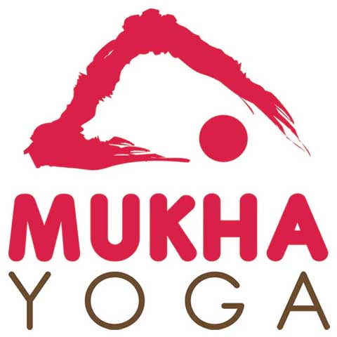 Logo with mountain, circle, and text 'MUKHA YOGA' in red and brown colors.