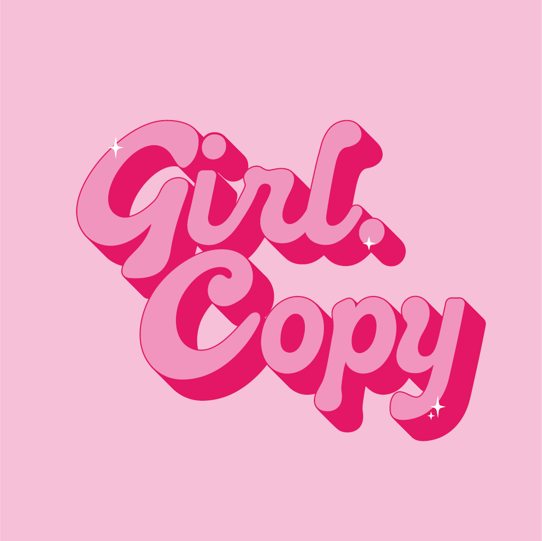Pink text says 'Girl Copy' on a light pink background, with sparkles on some letters.