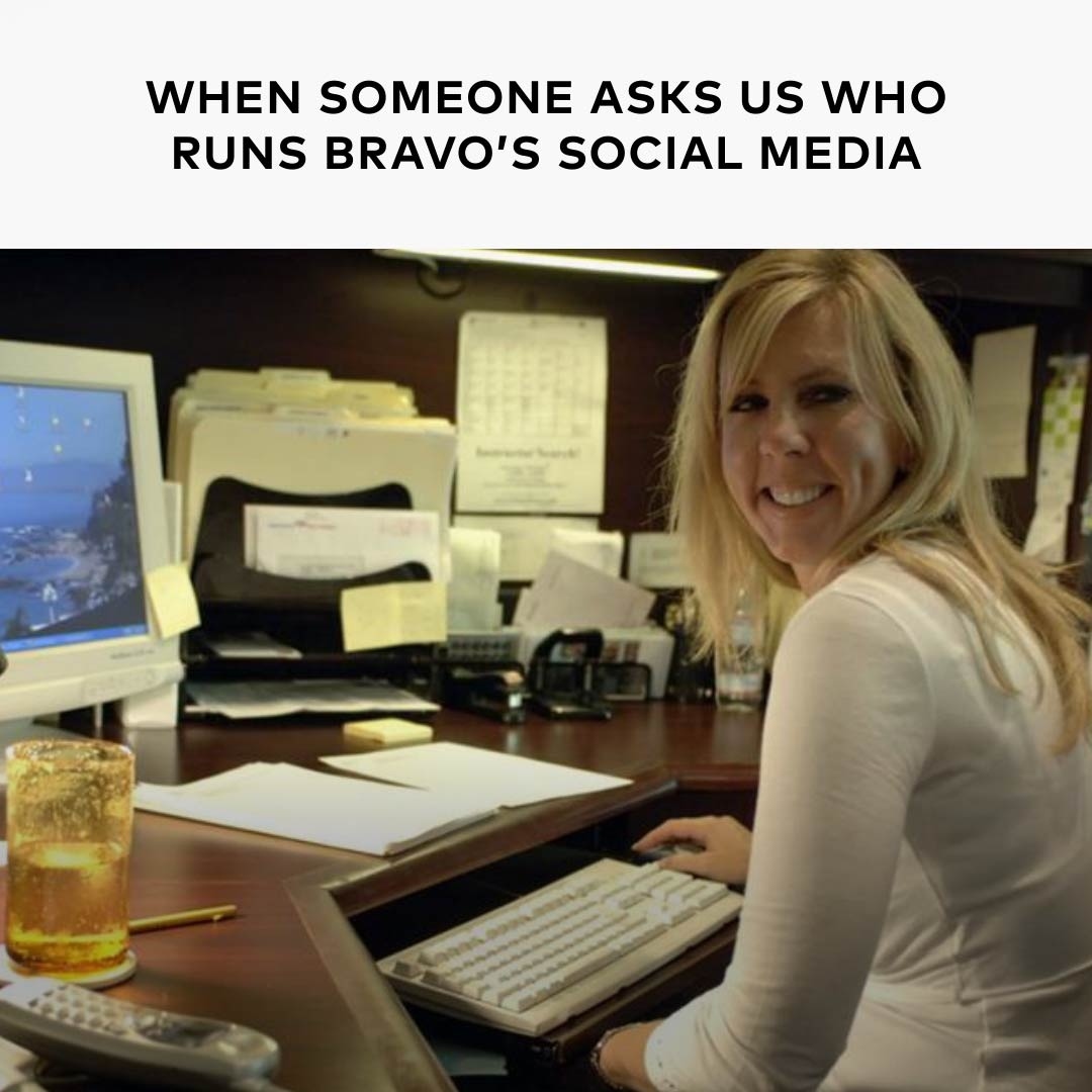 Woman smiling at desk with computer, papers, and a glass of drink, caption about social media activity.