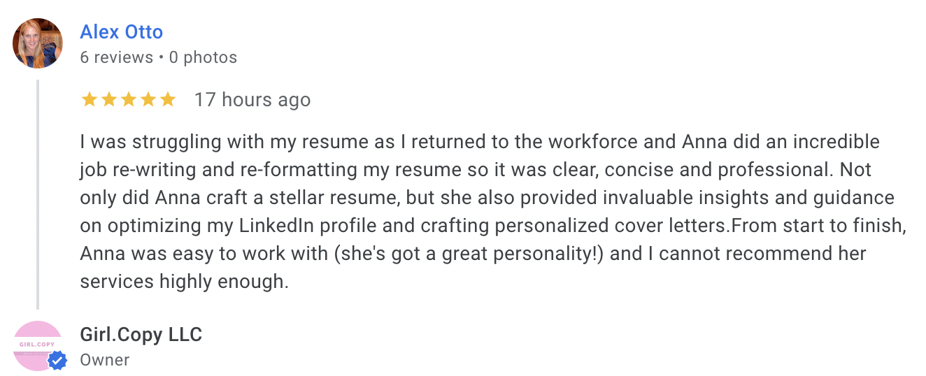 Screenshot of a review praising Anna's professionalism and work quality, posted by Alex Otto, with six reviews and five stars.