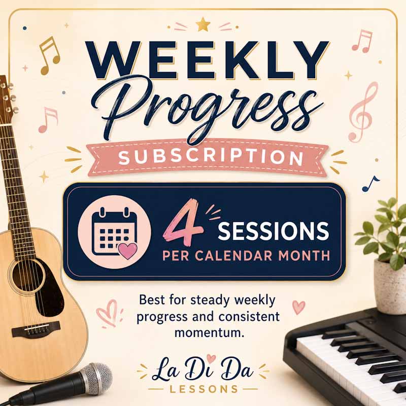 Poster advertising weekly progress subscription with four sessions per month, featuring a guitar, keyboard, and plant, with decorative music notes.