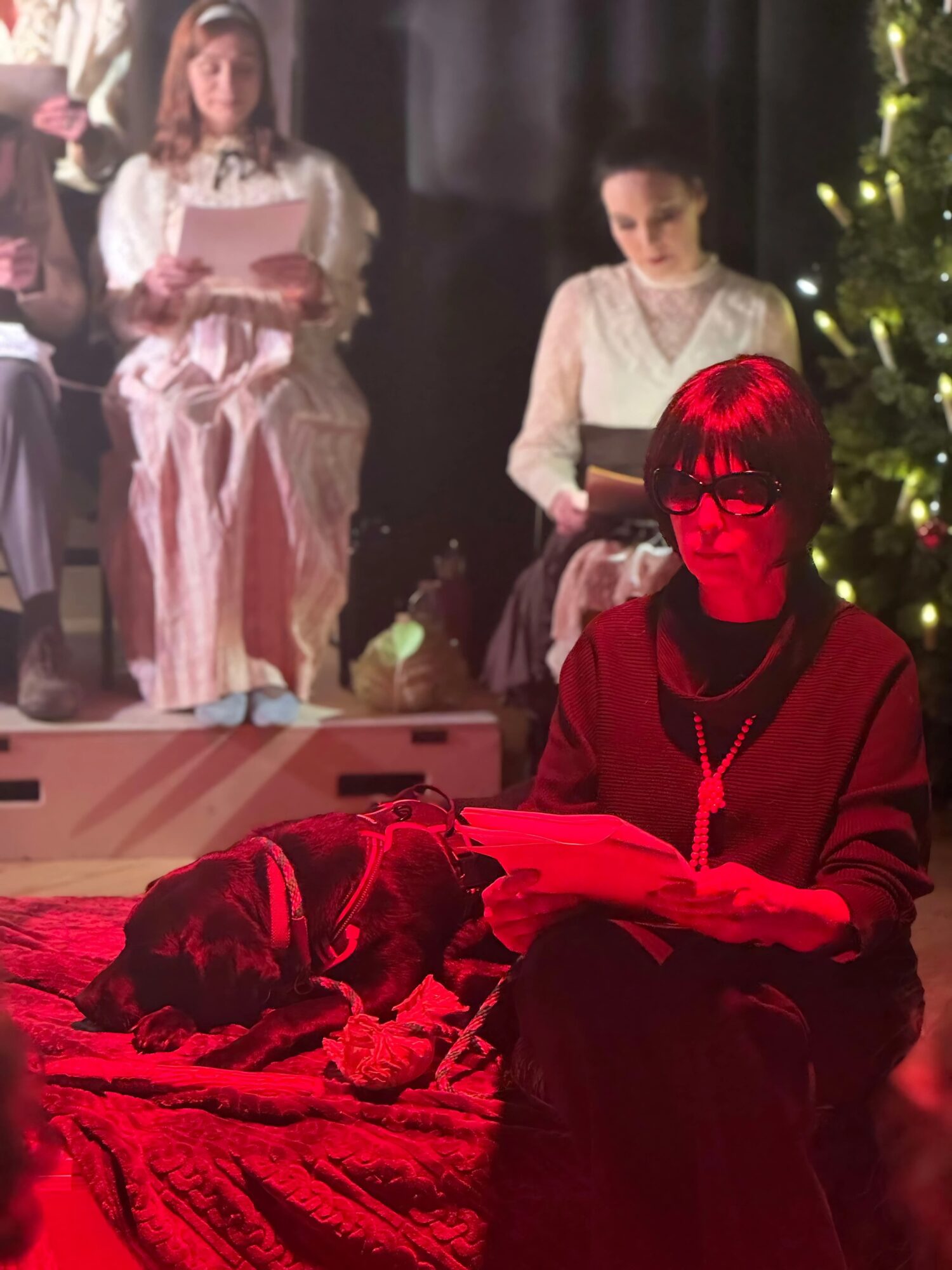 Person sitting with a dog on a red blanket, reading a book, with a Christmas tree and two women in the background.