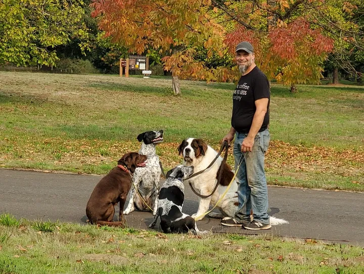 Man with four dogs in a park with autumn trees, holding leashes, smiling, wearing sunglasses and a cap.