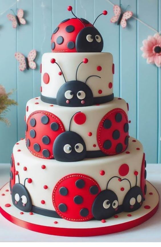 Four-tier cake decorated with ladybugs and black bugs, with pink flowers and butterflies in the background.