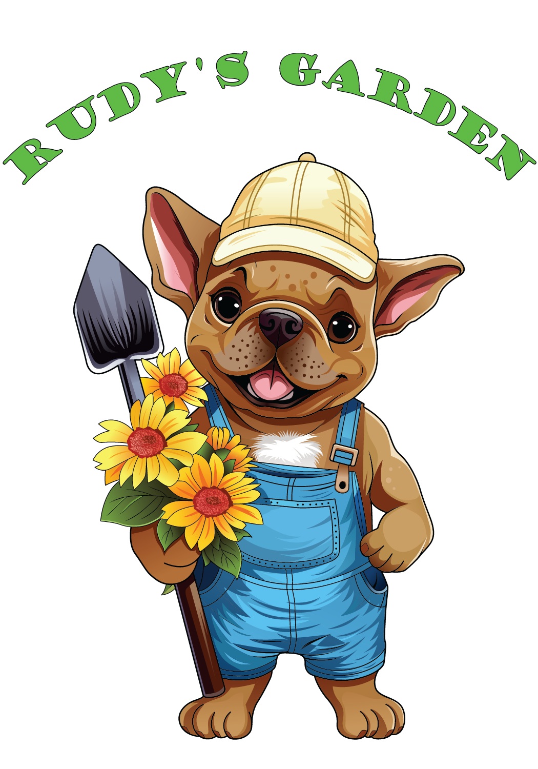 Cute dog wearing a cap and overalls holding a flower bouquet, with text 'Rudy's Garden' above, colorful illustration.