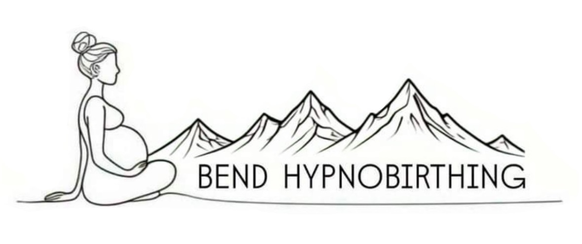 Line drawing of a person meditating with mountains in the background and the words 'BEND HYPNOBIRTHING'.